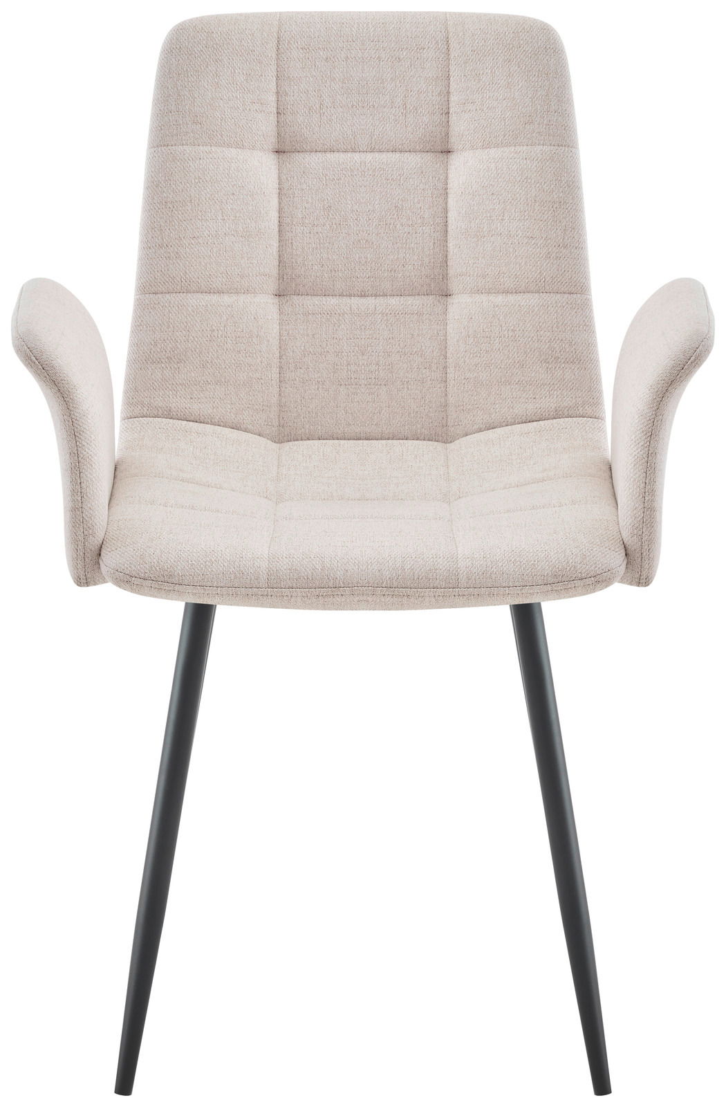 Beiger Armlehnstuhl mit gepolsterter Sitzfläche und Rückenlehne, schwarze Metallbeine, Frontalansicht