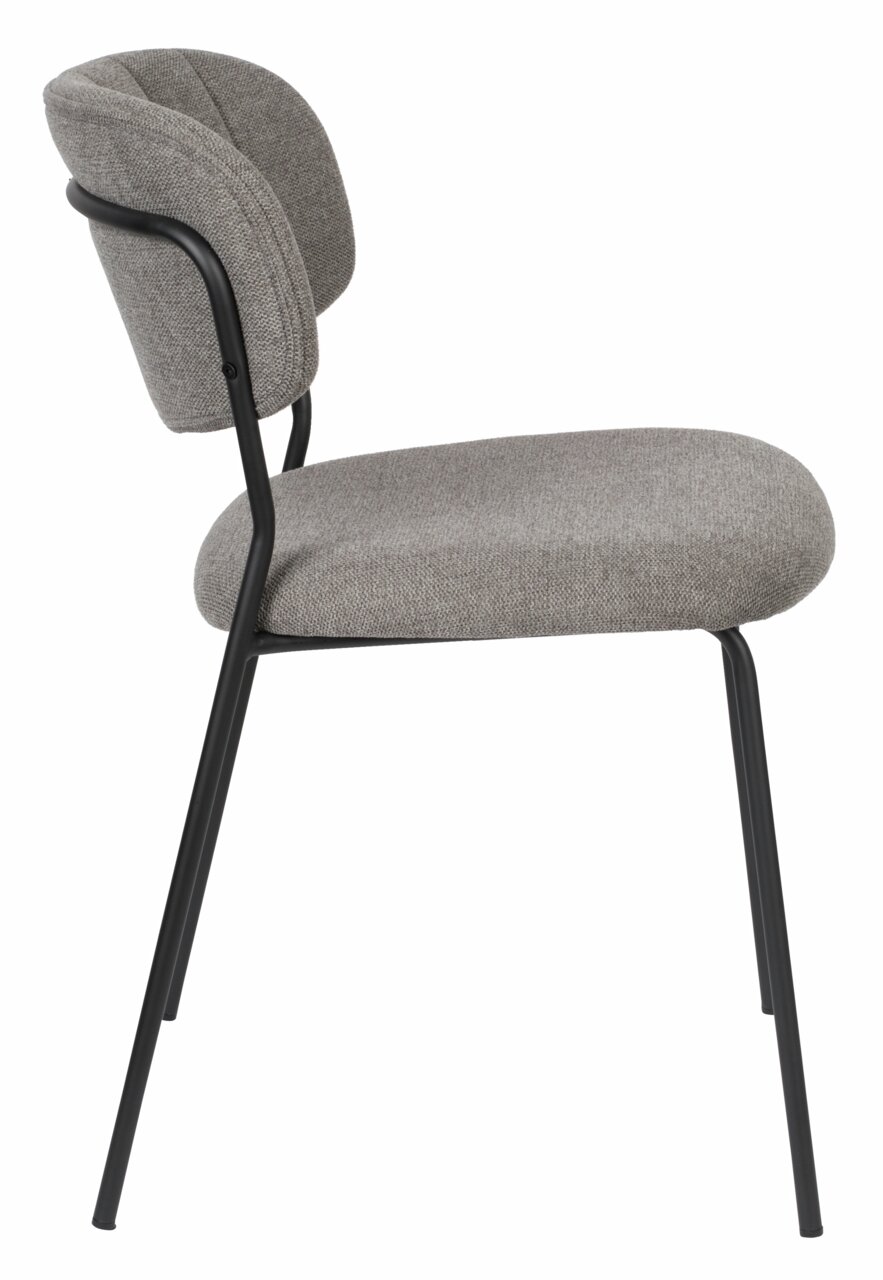 Moderner Stuhl mit grauem Stoffbezug und schwarzem Metallgestell, Seitenansicht