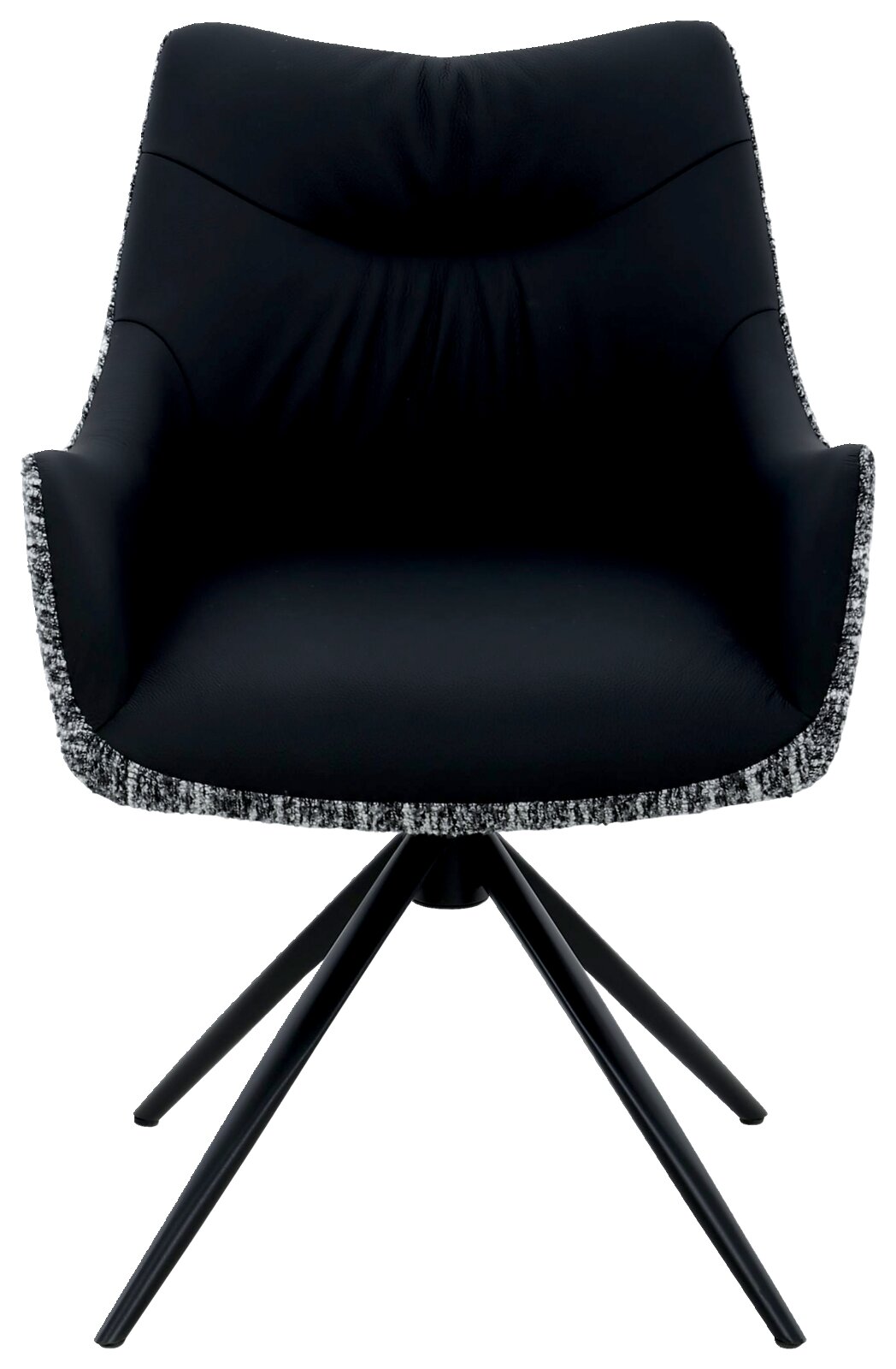 Zwarte fauteuil met gestoffeerde zitting en rugleuning, vooraanzicht