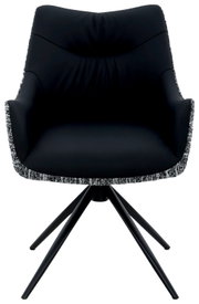 Zwarte fauteuil met gestoffeerde zitting en rugleuning, vooraanzicht