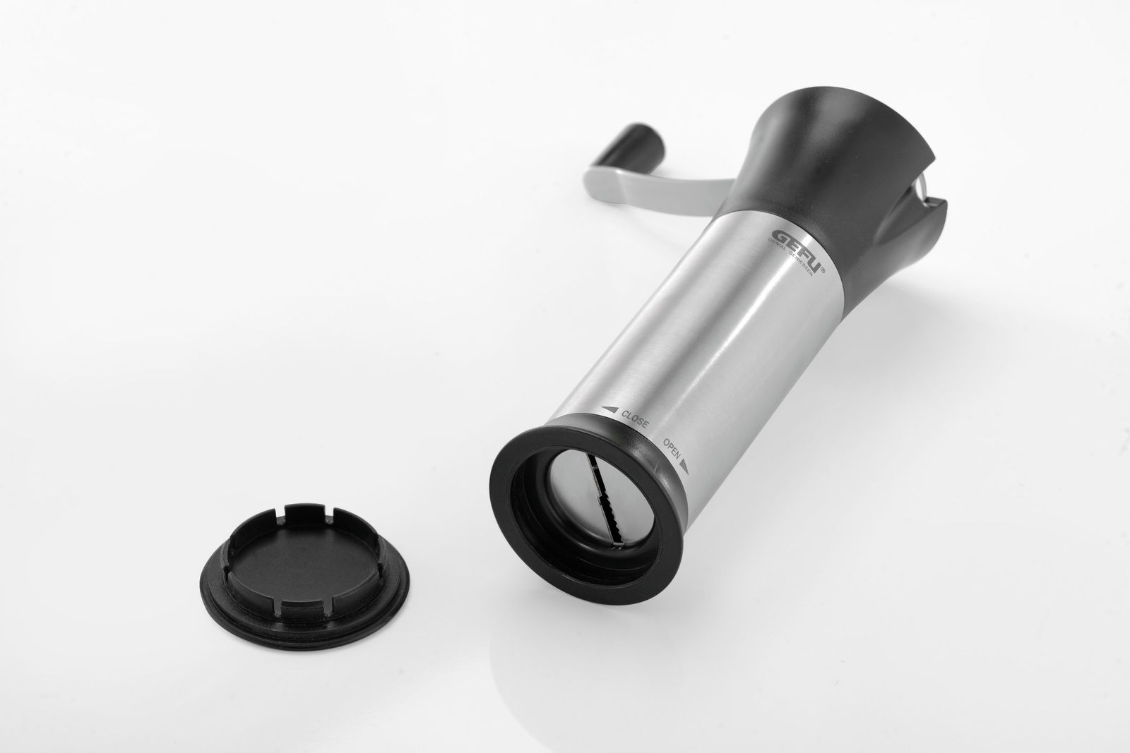 Muskatmühle MOSCATA LASER CUT aus Edelstahl mit abnehmbarem Deckel, seitliche Perspektive