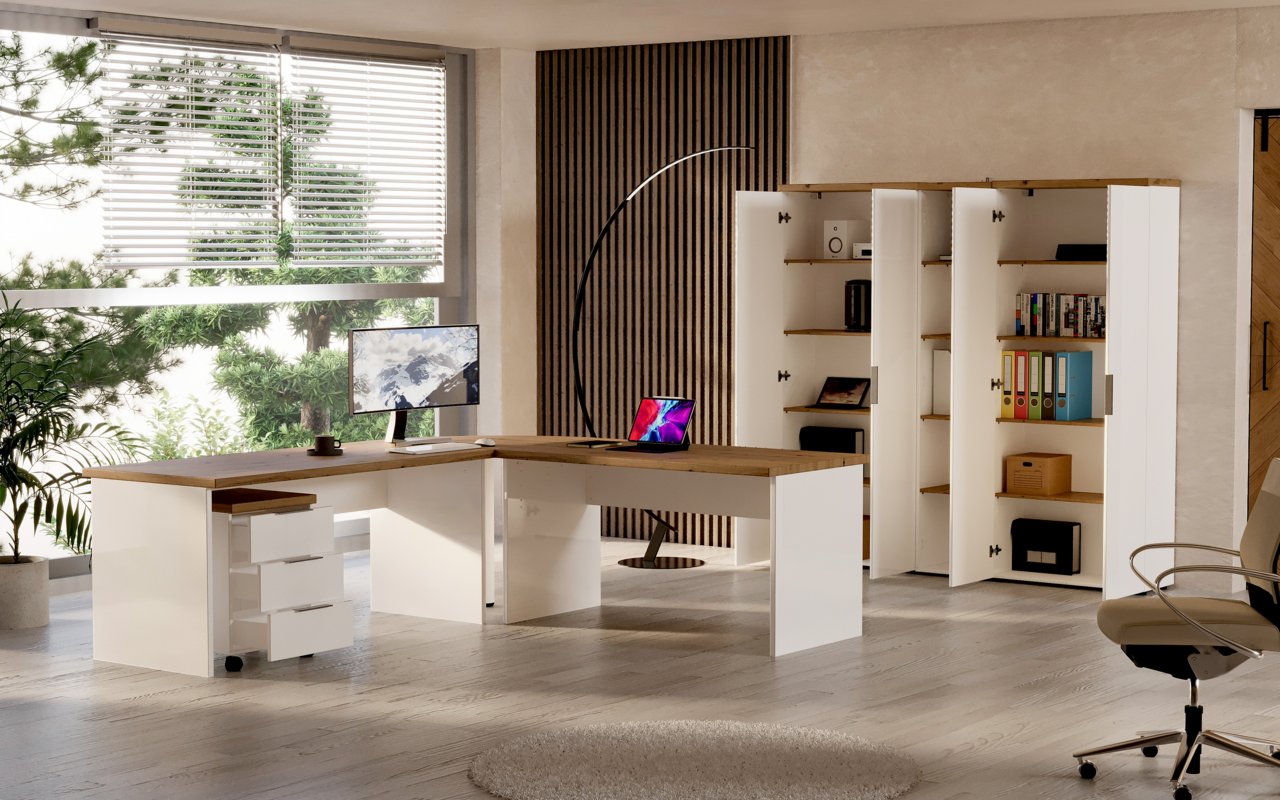 XORA Rollcontainer IDEA-OFFICE Moderner Eckschreibtisch in heller Büroeinrichtung mit Blick auf einen großen Aktenschrank und einen Rollcontainer, seitliche Perspektive.