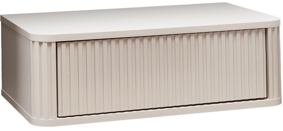 Beiger Rolladenschrank mit geriffelter Front und abgerundeten Ecken, in schräger Frontansicht von links vor weißem Hintergrund