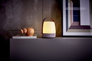 LED-Lampe mit Ledergriff auf einem Regal, seitliche Perspektive
