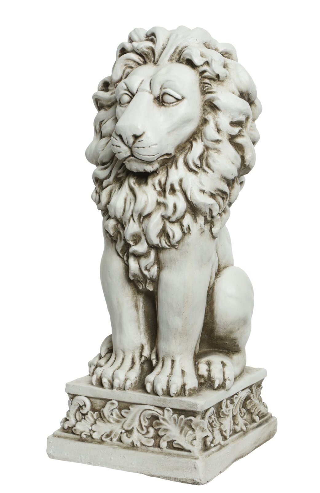 Weiße Löwenstatue mit detailreicher Mähne auf verziertem Sockel, Produktfoto in leichter Seitenansicht von vorn links