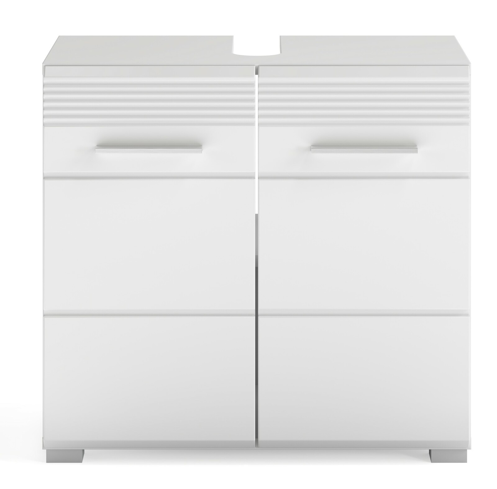 Weiße Badkombination LINUS mit zwei Türen und modernen Griffen, frontale Ansicht.