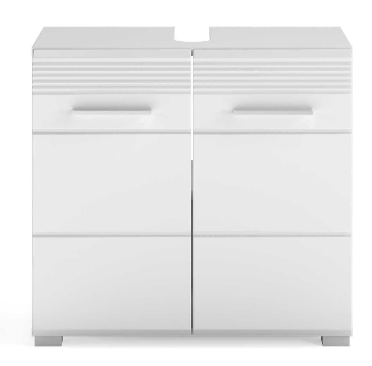 Weiße Badkombination LINUS mit zwei Türen und modernen Griffen, frontale Ansicht.