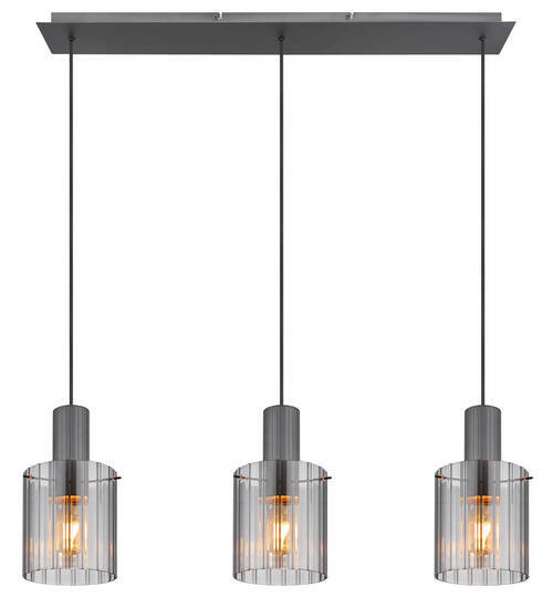 Moderne Hängeleuchte mit drei zylindrischen, transparenten Lampenschirmen, von vorne betrachtet.