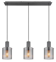 Moderne Hängeleuchte mit drei zylindrischen, transparenten Lampenschirmen, von vorne betrachtet.