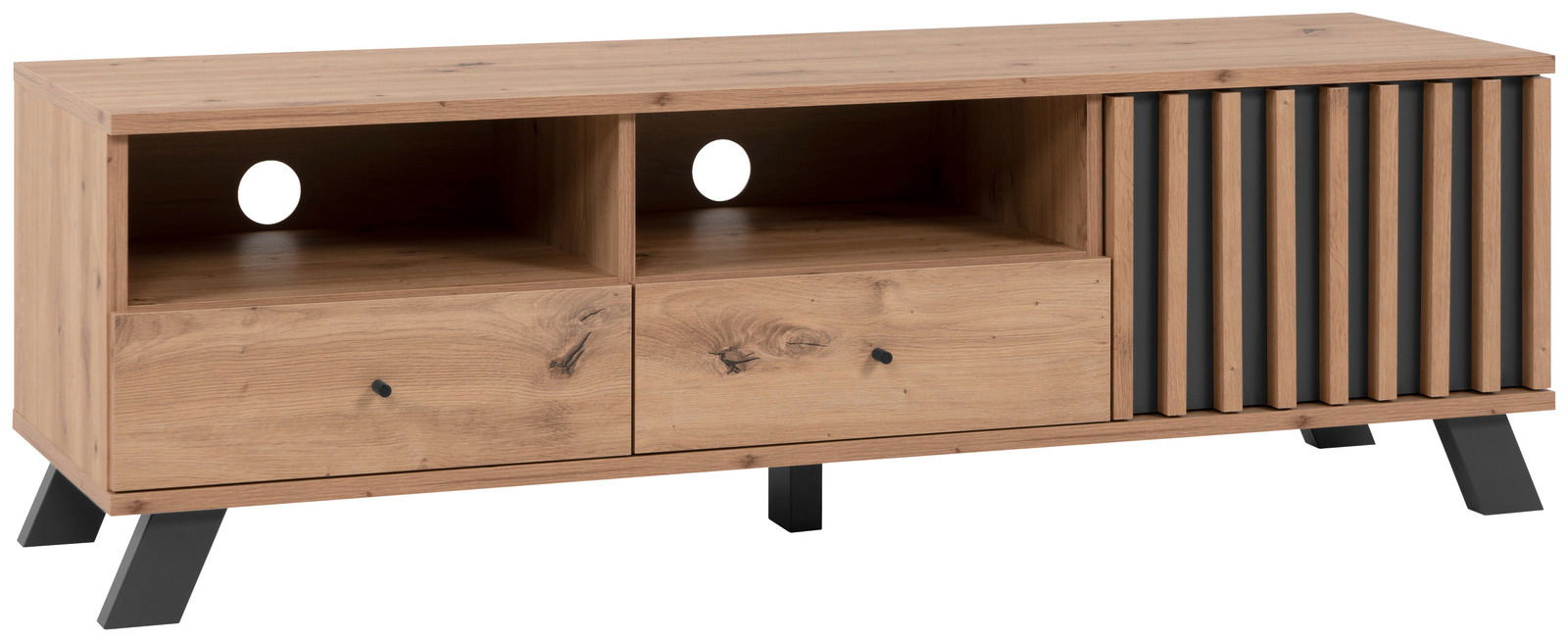 TV-Lowboard aus Holz mit zwei offenen Fächern, zwei Schubladen und einer Lamellenfront, perspektivisch von vorne links betrachtet.