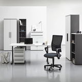 Moderne Büromöbel in einem hellen Raum, darunter ein Schreibtisch mit Rollcontainer, ein Bürostuhl und mehrere Aktenschränke. Frontalansicht.