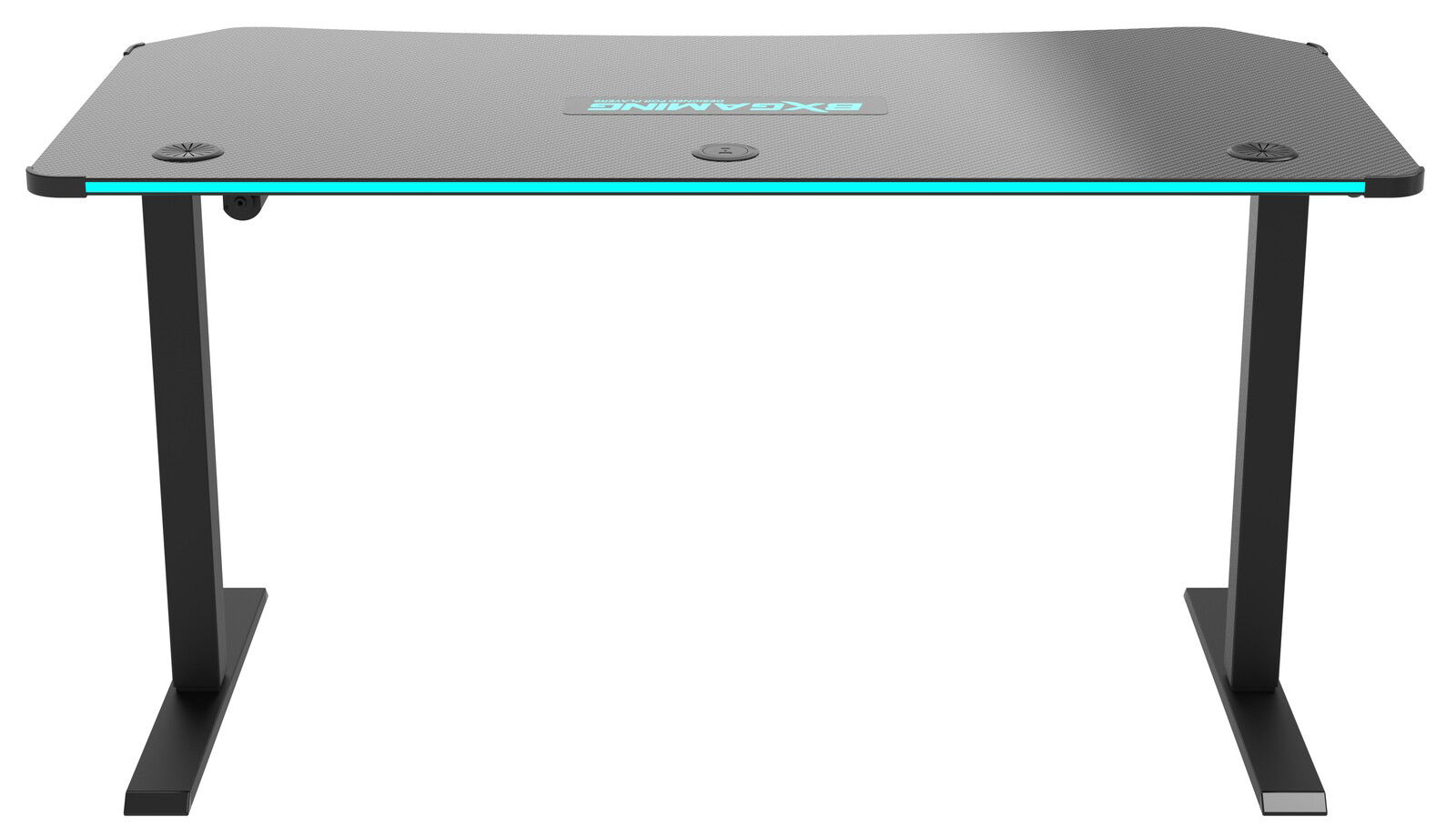Moderner E-Gaming Tisch mit schwarzer Oberfläche und blauen Akzenten, Vorderansicht