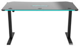 Moderner E-Gaming Tisch mit schwarzer Oberfläche und blauen Akzenten, Vorderansicht