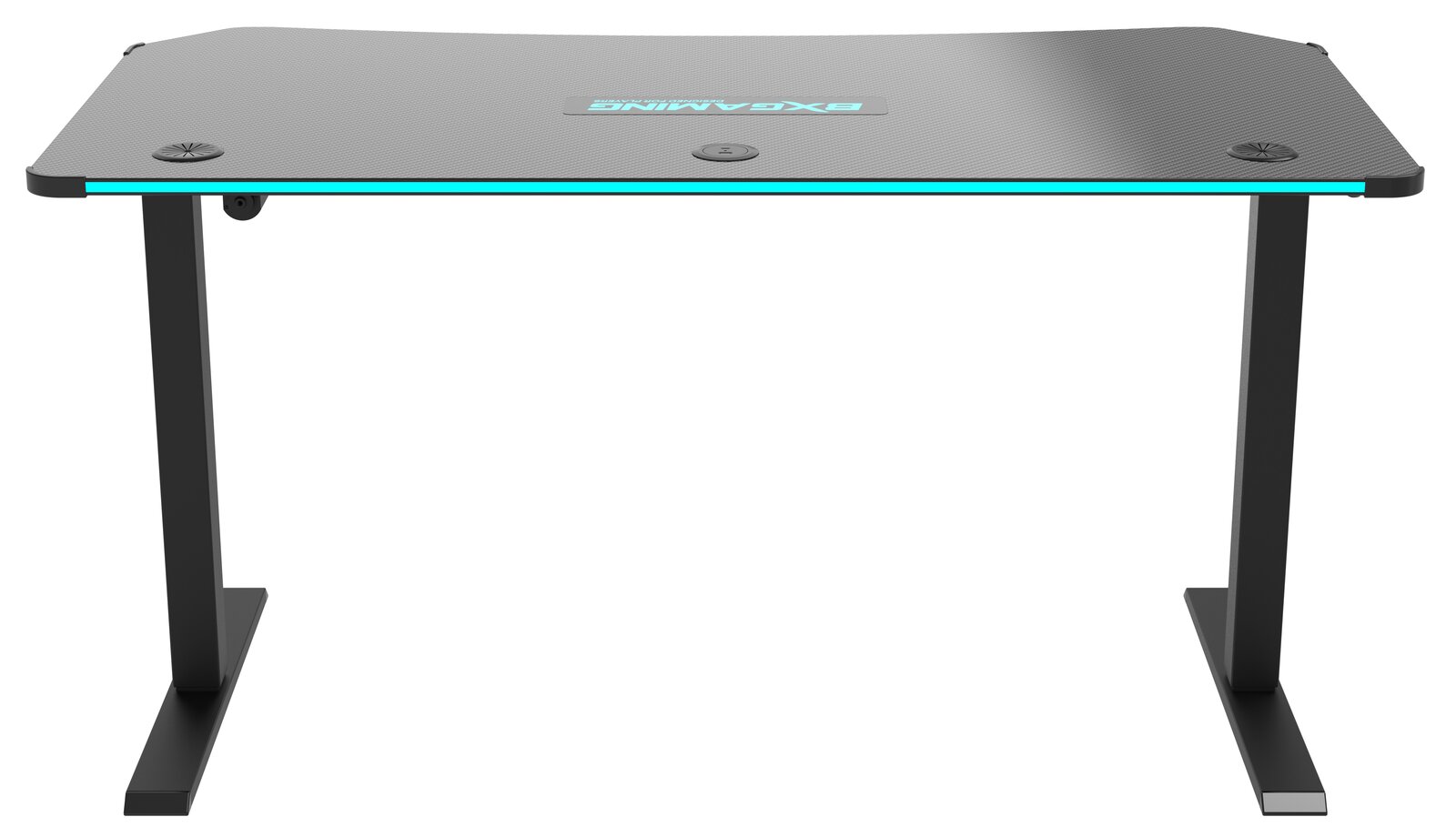 Moderner E-Gaming Tisch mit schwarzer Oberfläche und blauen Akzenten, Vorderansicht