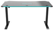 Moderner E-Gaming Tisch mit schwarzer Oberfläche und blauen Akzenten, Vorderansicht