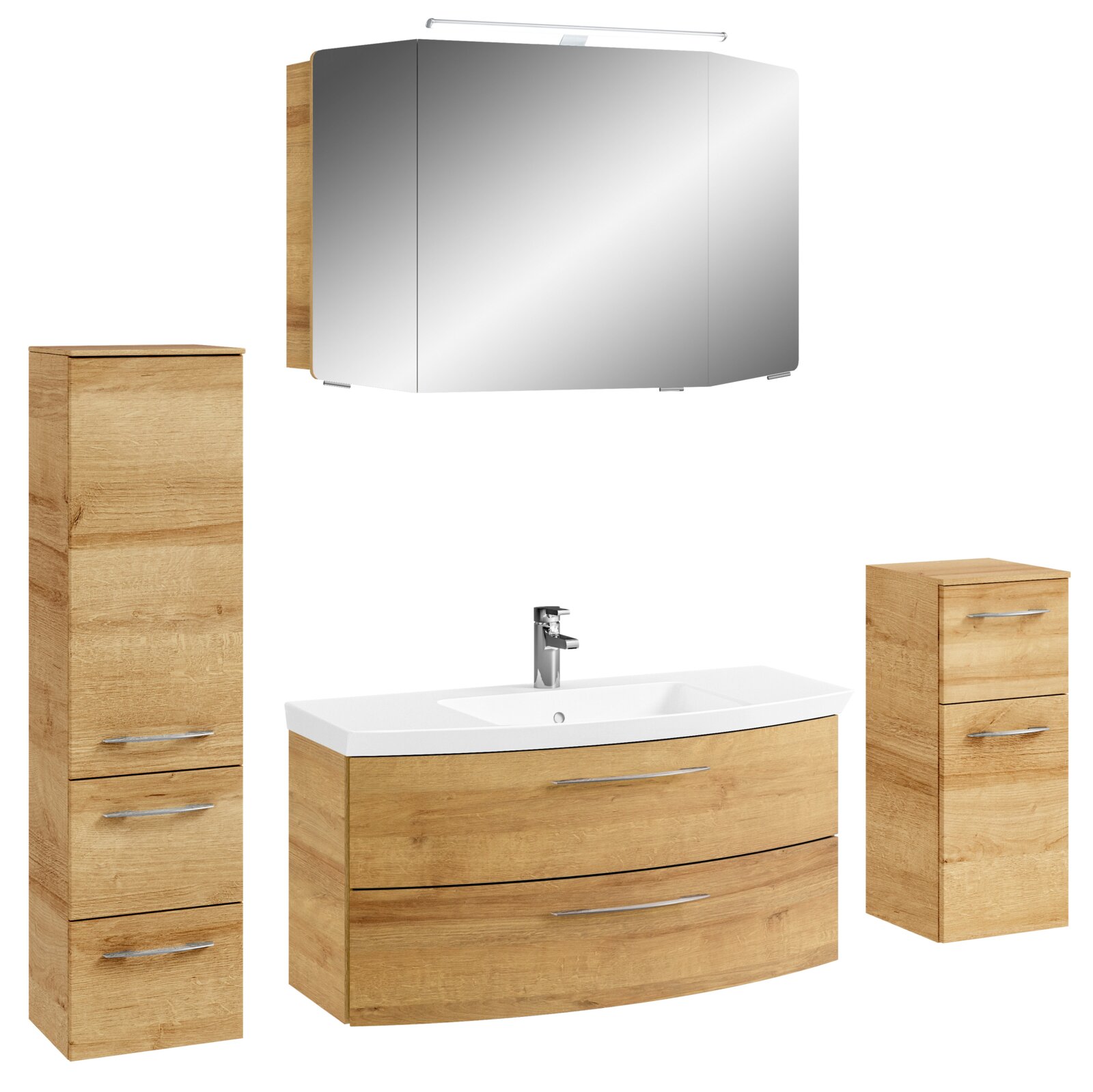 Badezimmermöbel-Set in Holzoptik mit Spiegelschrank, Waschbeckenunterschrank und zwei Hochschränken, frontal abgebildet.