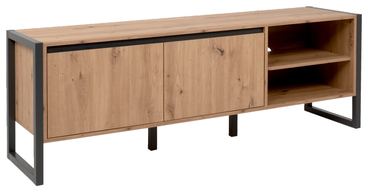 Houten tv-lowboard met metalen frame, twee deuren en open planken, zijaanzicht