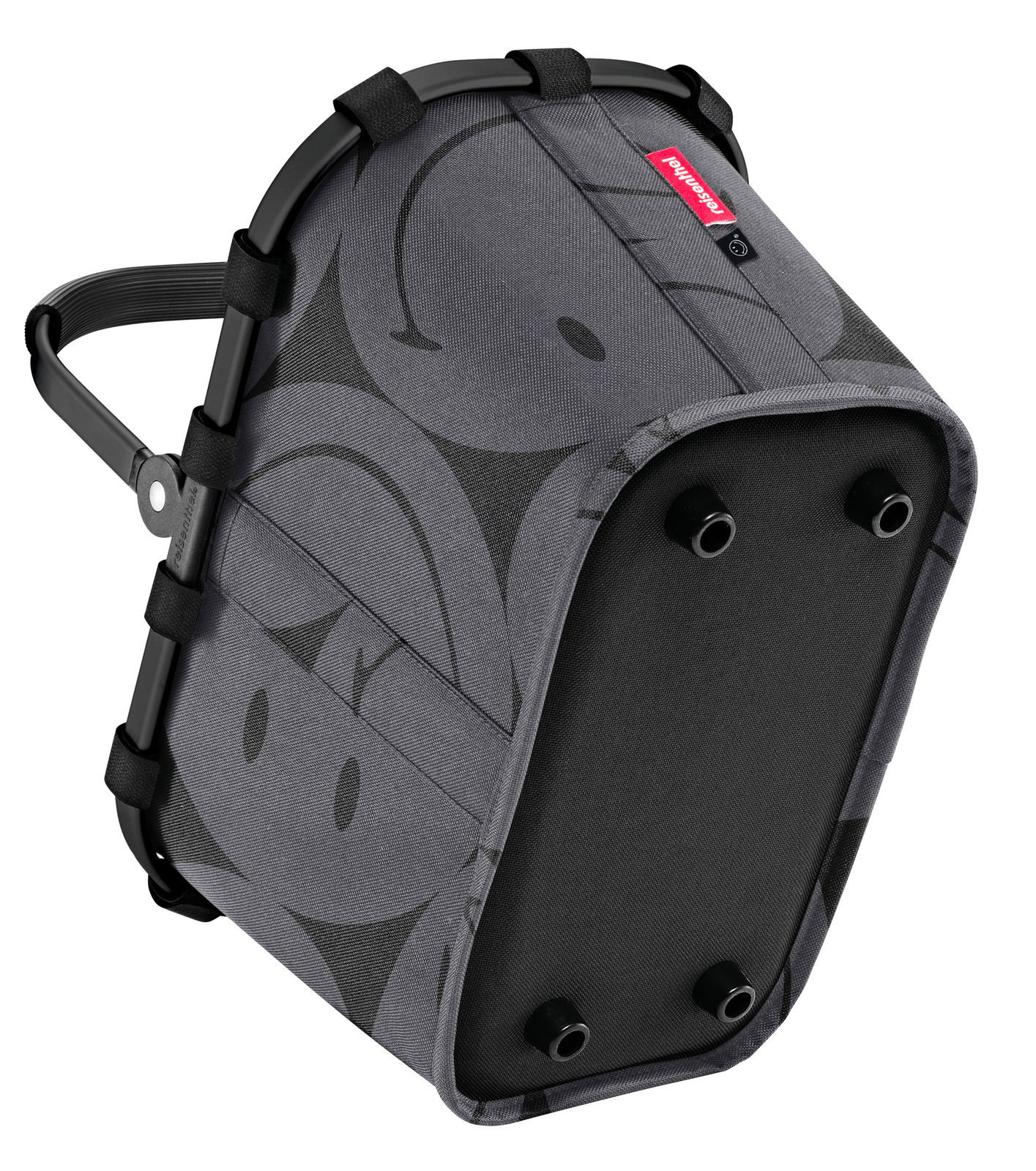 Grauer, kompakter Einkaufskorb mit Smiley-Muster, seitliche Perspektive