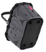 Grauer, kompakter Einkaufskorb mit Smiley-Muster, seitliche Perspektive