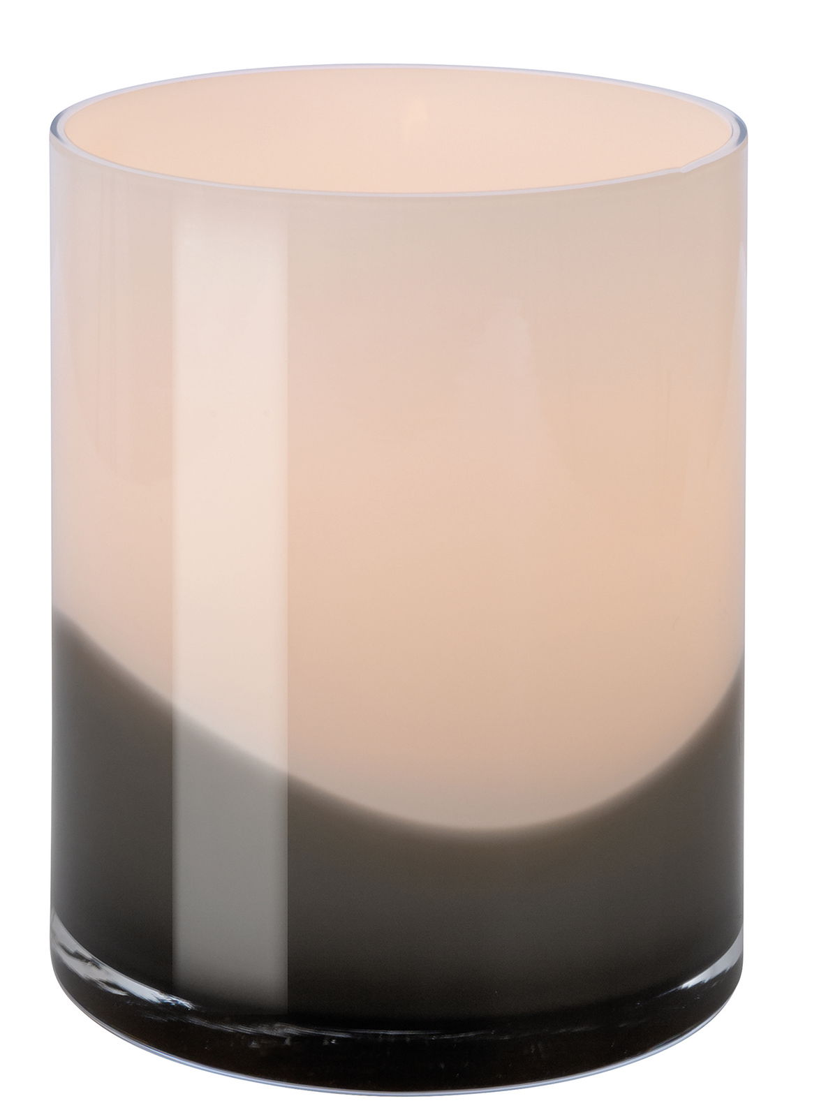 Zylindrische Vase aus Glas mit sanftem Farbverlauf von Schwarz zu Beige, seitliche Perspektive