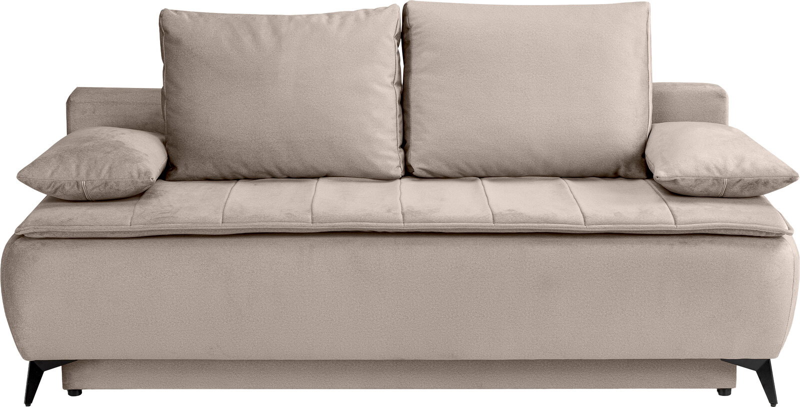 Beiges 2-Sitzer-Sofa mit zwei großen Rückenkissen und zwei seitlichen Armlehnenkissen, gepolsterter Sitzfläche und schwarzen Füßen, Frontansicht.