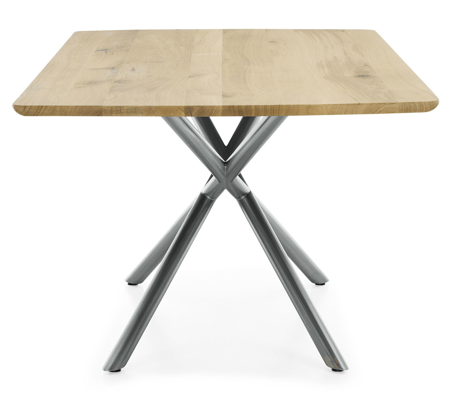 Moderner Esstisch mit Holzplatte und gekreuzten Metallbeinen, Frontalansicht