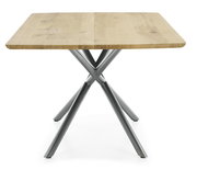 Moderner Esstisch mit Holzplatte und gekreuzten Metallbeinen, Frontalansicht