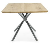 Moderner Esstisch mit Holzplatte und gekreuzten Metallbeinen, Frontalansicht