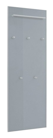 Graue Wandgarderobe mit Ablageleiste und fünf Haken, freigestellt auf weißem Hintergrund, in leichter Schrägansicht von vorn.