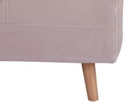 Nahaufnahme eines Funktionssessels mit hellgrauem Stoffbezug und Holzbein, seitliche Perspektive.