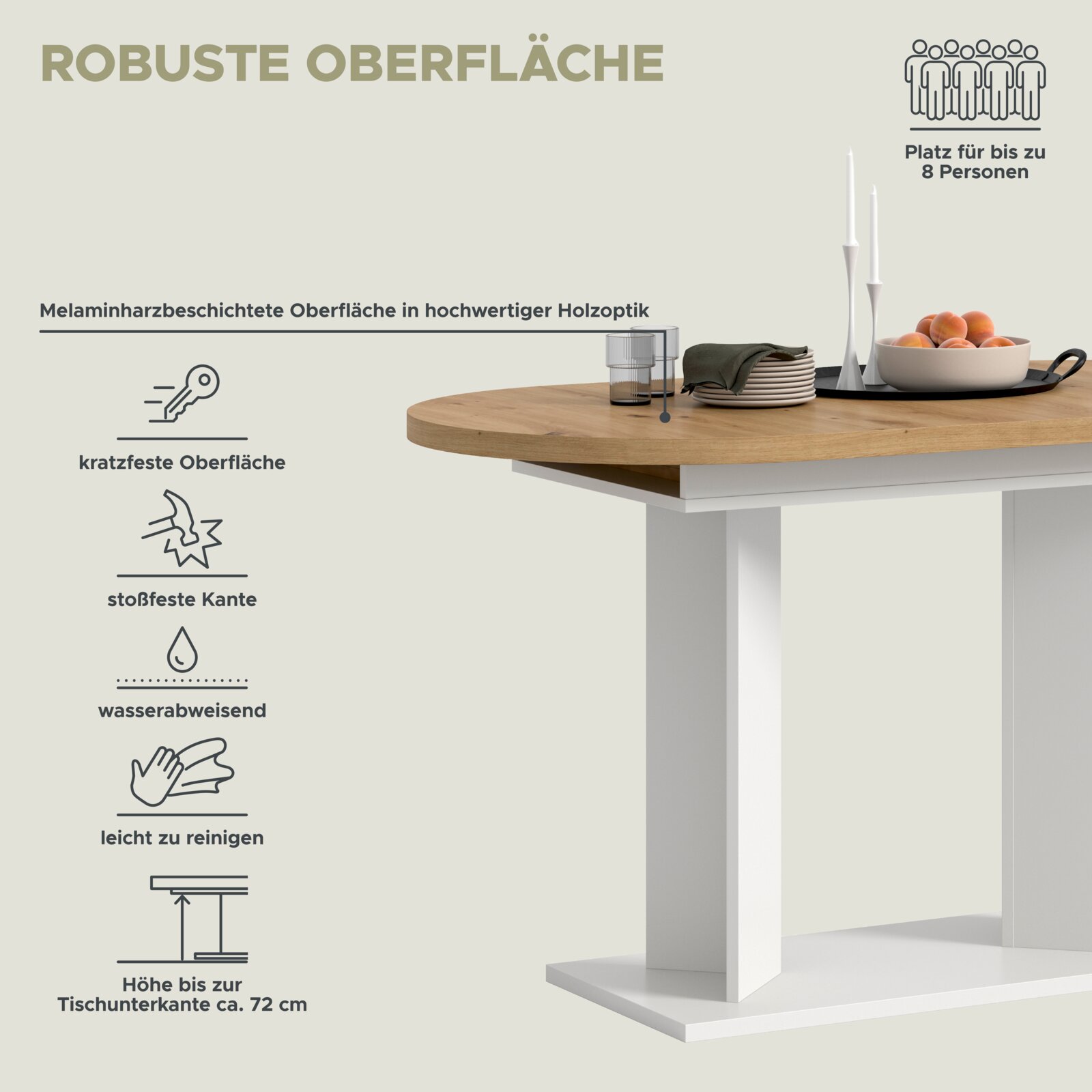 Detailansicht eines Esstisches in Holzoptik mit weißem Mittelfuß, melaminharzbeschichteter robuster Oberfläche (kratzfest, stoßfeste Kante, wasserabweisend, leicht zu reinigen), Platz für bis zu 8 Personen; Perspektive: seitliche Nahaufnahme der Tischplat