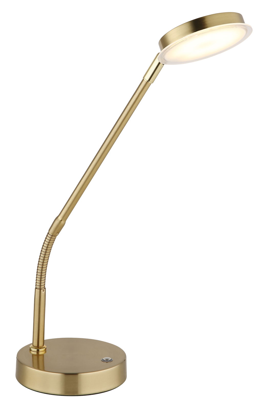 Goldene LED-Tischleuchte mit flexiblem Hals, seitliche Perspektive