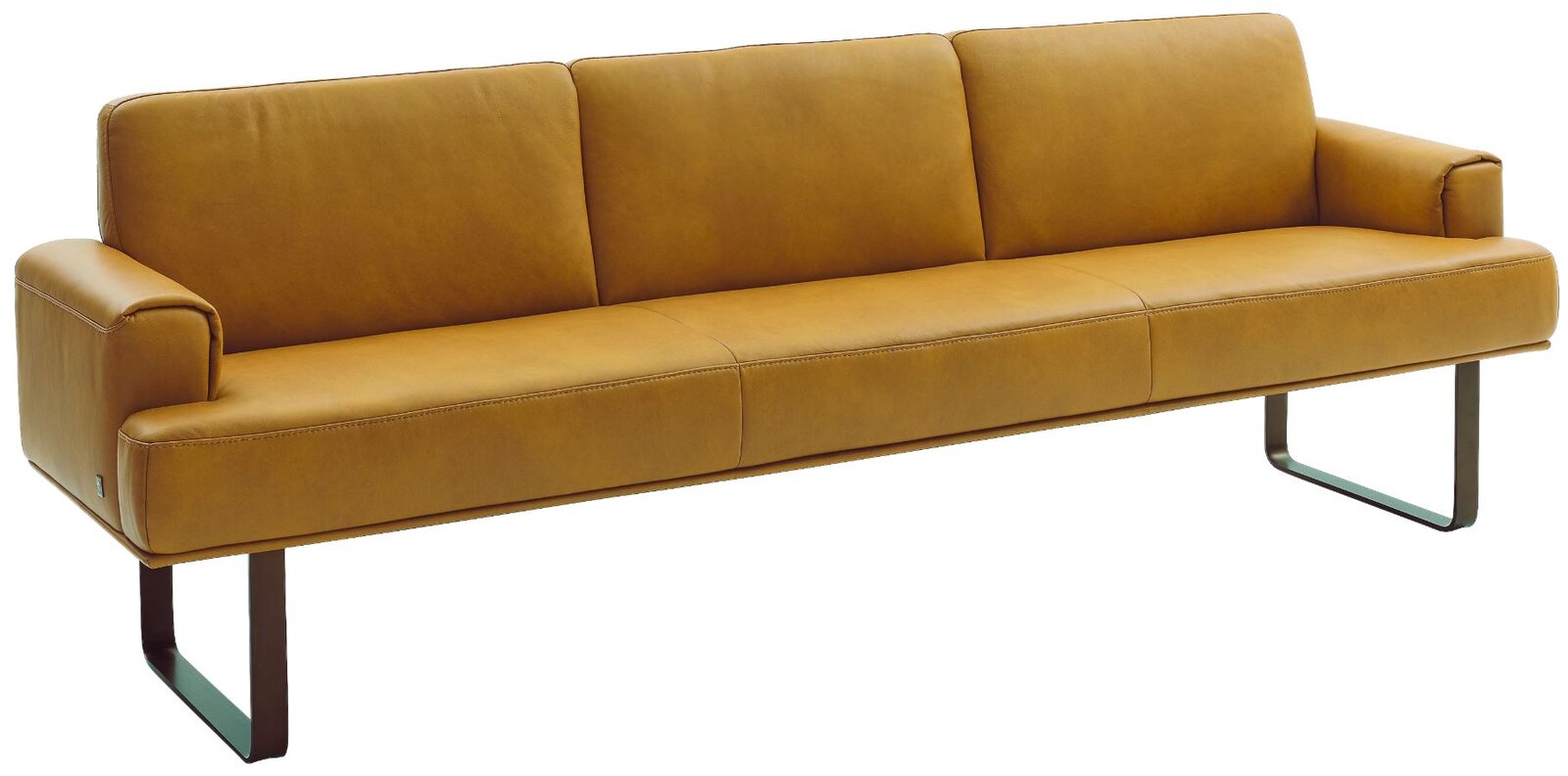 Braune Ledercouch mit drei Sitzplätzen, seitliche Perspektive