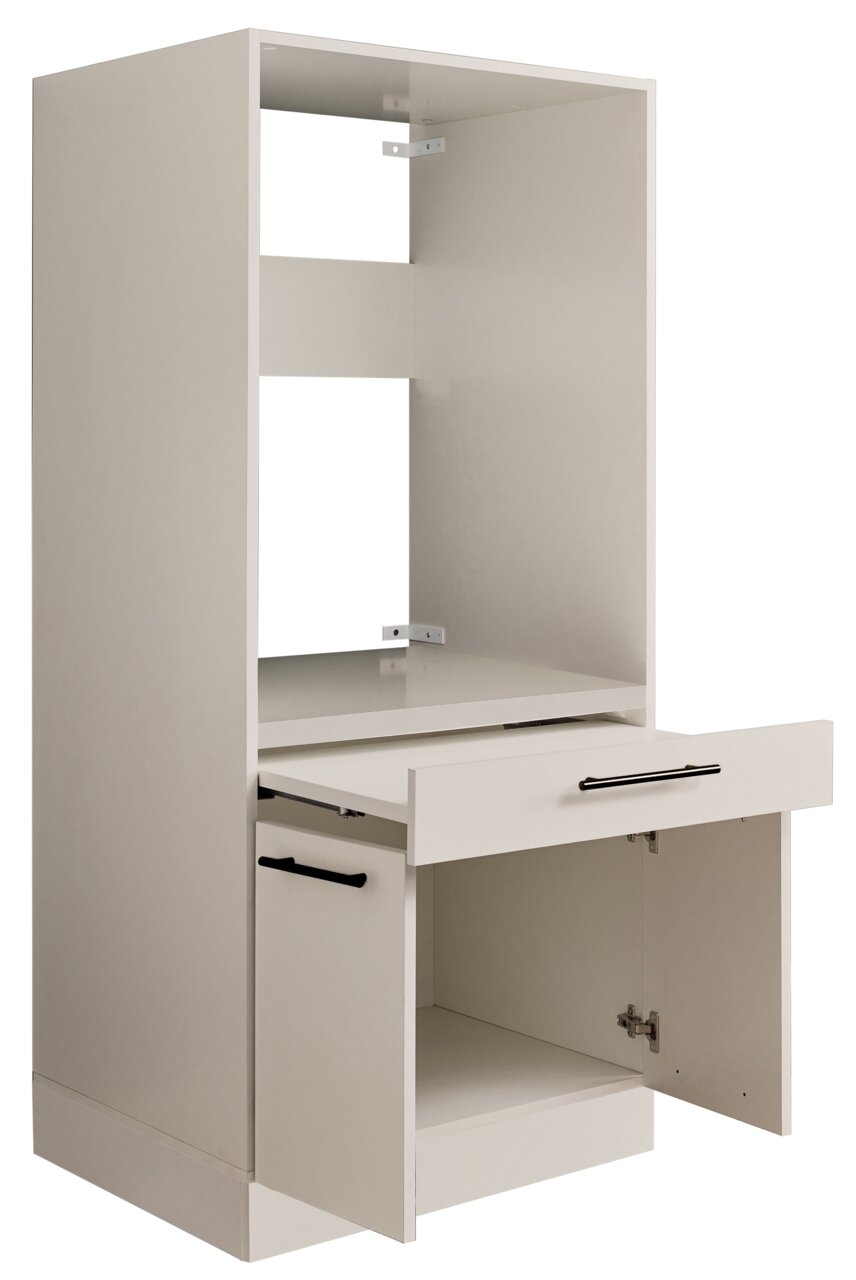 Weißer Hochschrank/Schrankkorpus mit offener oberer Nische, ausgezogener Schublade und geöffneter unterer Tür, schwarze Griffe, Ansicht schräg von vorn links