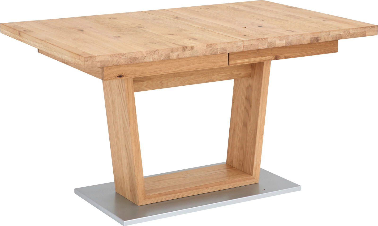 Moderner Esstisch aus Holz mit rechteckiger Tischplatte und einzigartigem Untergestell, seitliche Perspektive