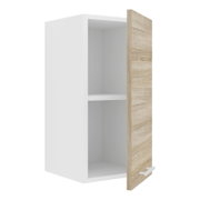 Hängeschrank in Weiß mit geöffneter Tür in Eiche-Optik und zwei Fächern, freigestellt, Ansicht schräg von vorn rechts.
