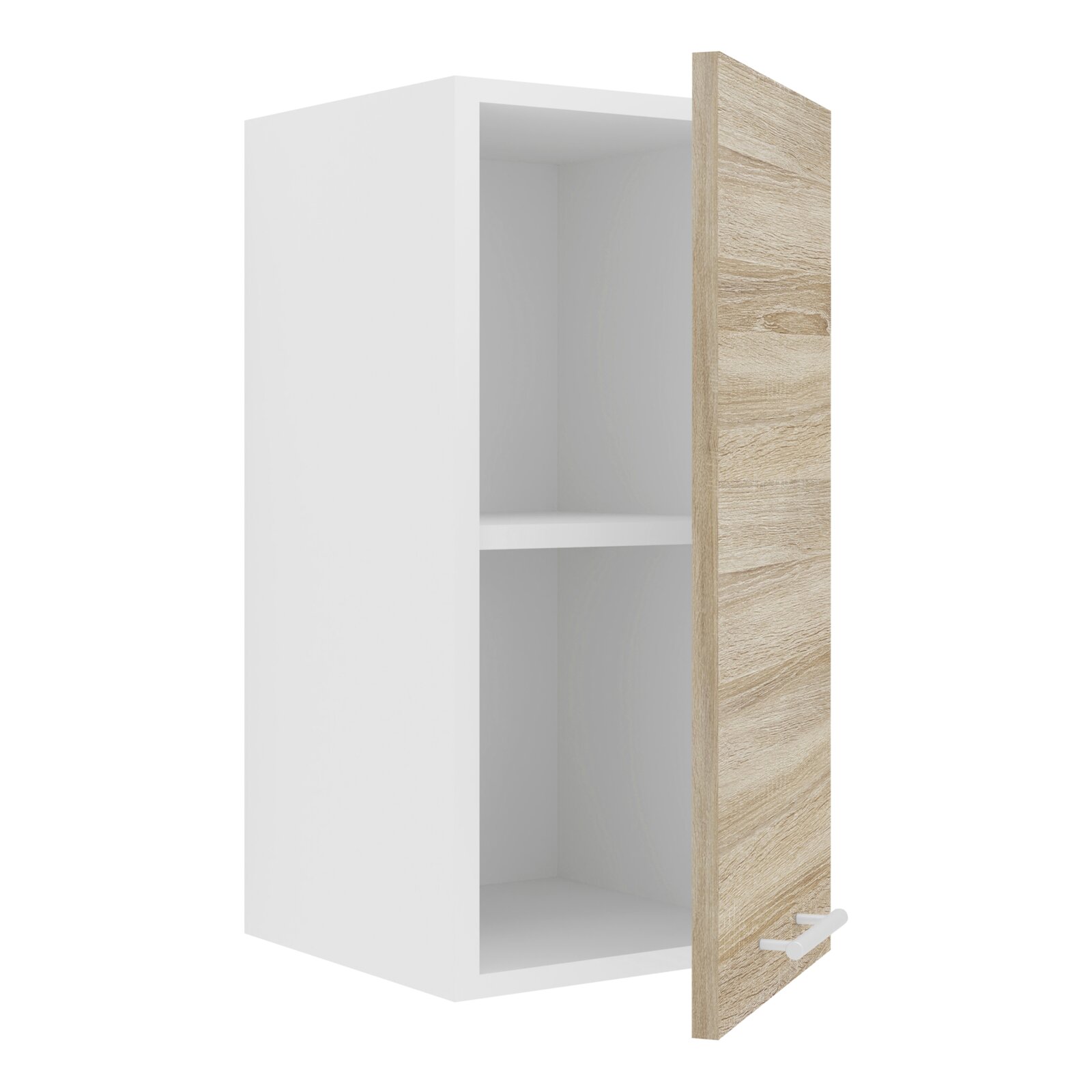 Hängeschrank in Weiß mit geöffneter Tür in Eiche-Optik und zwei Fächern, freigestellt, Ansicht schräg von vorn rechts.