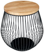 Moderner Beistelltisch mit runder Holzplatte und schwarzem Drahtgestell, seitliche Perspektive