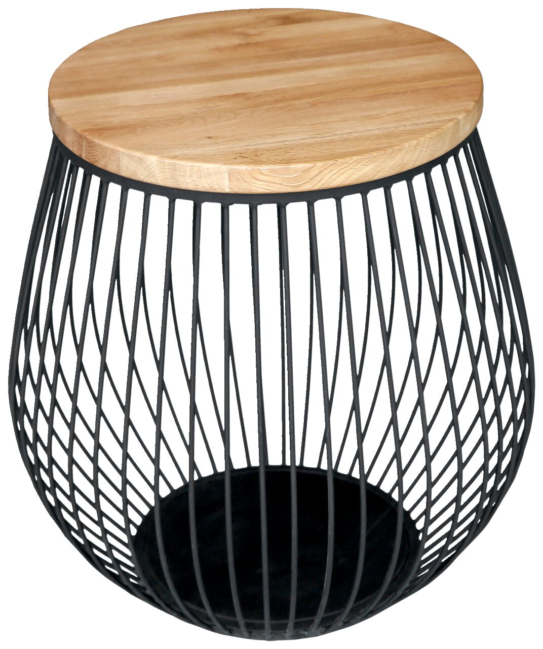Moderner Beistelltisch mit runder Holzplatte und schwarzem Drahtgestell, seitliche Perspektive