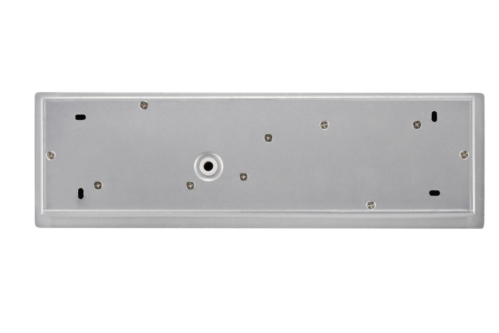 Rückansicht einer rechteckigen LED-Hängeleuchte mit mehreren Befestigungspunkten und zentraler Kabelöffnung.