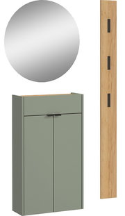 Garderobe Set bestehend aus einem runden Spiegel, einem schmalen Holzpaneel mit Haken und einem grünen Schrank mit zwei Türen, frontal betrachtet.