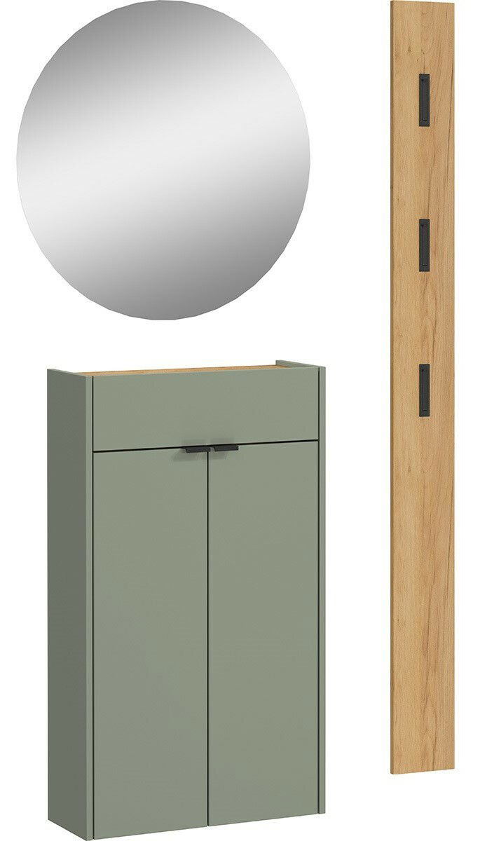 Garderobe Set bestehend aus einem runden Spiegel, einem schmalen Holzpaneel mit Haken und einem grünen Schrank mit zwei Türen, frontal betrachtet.