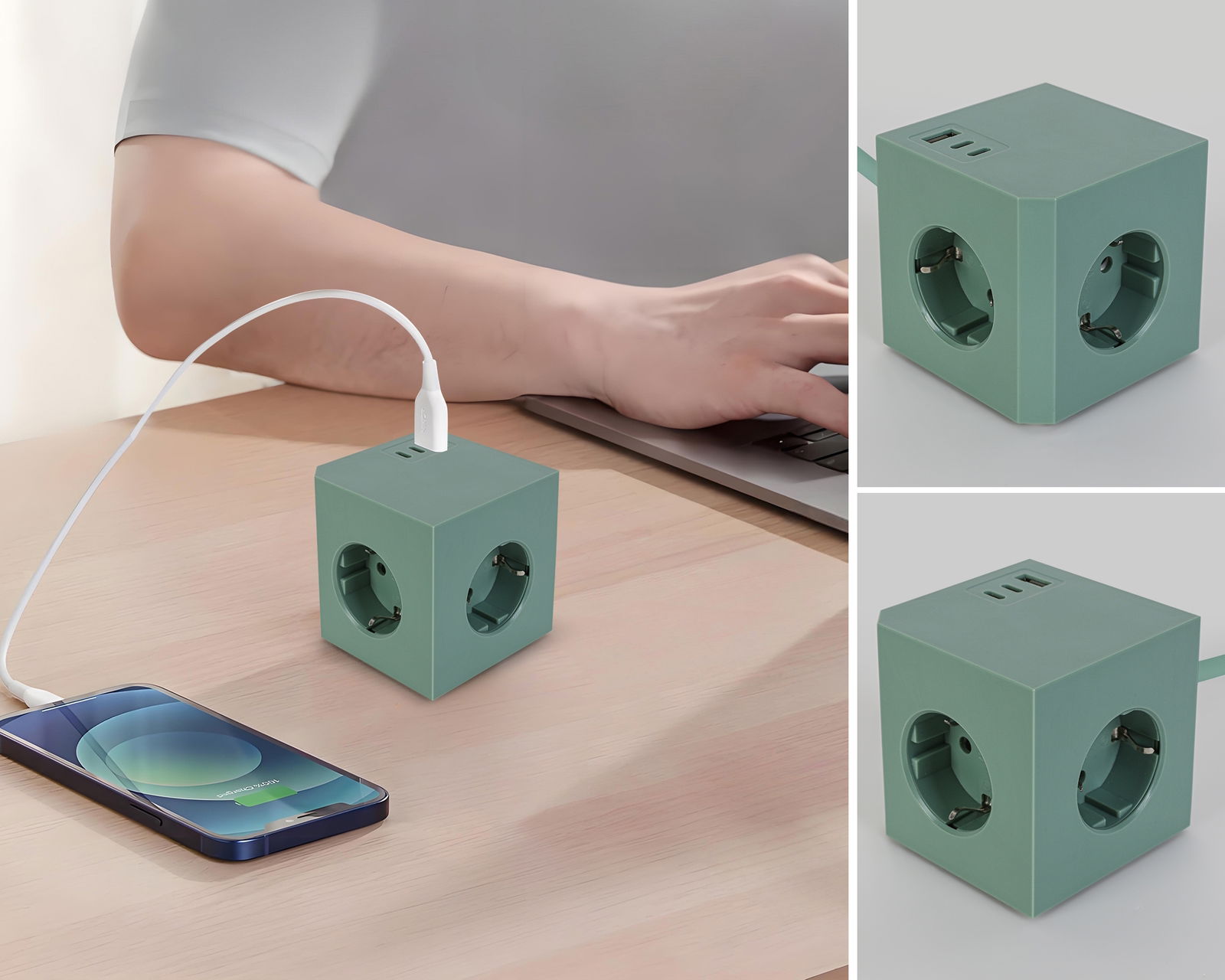 Grüner Steckdosenwürfel mit mehreren Steckplätzen und USB-Anschlüssen, auf einem Tisch neben einem Laptop und Smartphone platziert. Perspektive von oben und seitlich.