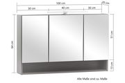 Spiegelschrank mit drei Türen, Frontansicht, Maße: 100 cm Breite, 64 cm Höhe, 20 cm Tiefe, mit integrierter Beleuchtung oben.