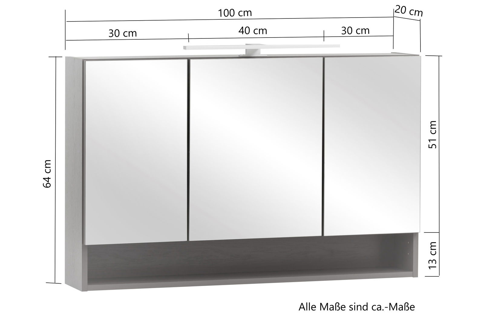 Spiegelschrank mit drei Türen, Frontansicht, Maße: 100 cm Breite, 64 cm Höhe, 20 cm Tiefe, mit integrierter Beleuchtung oben.