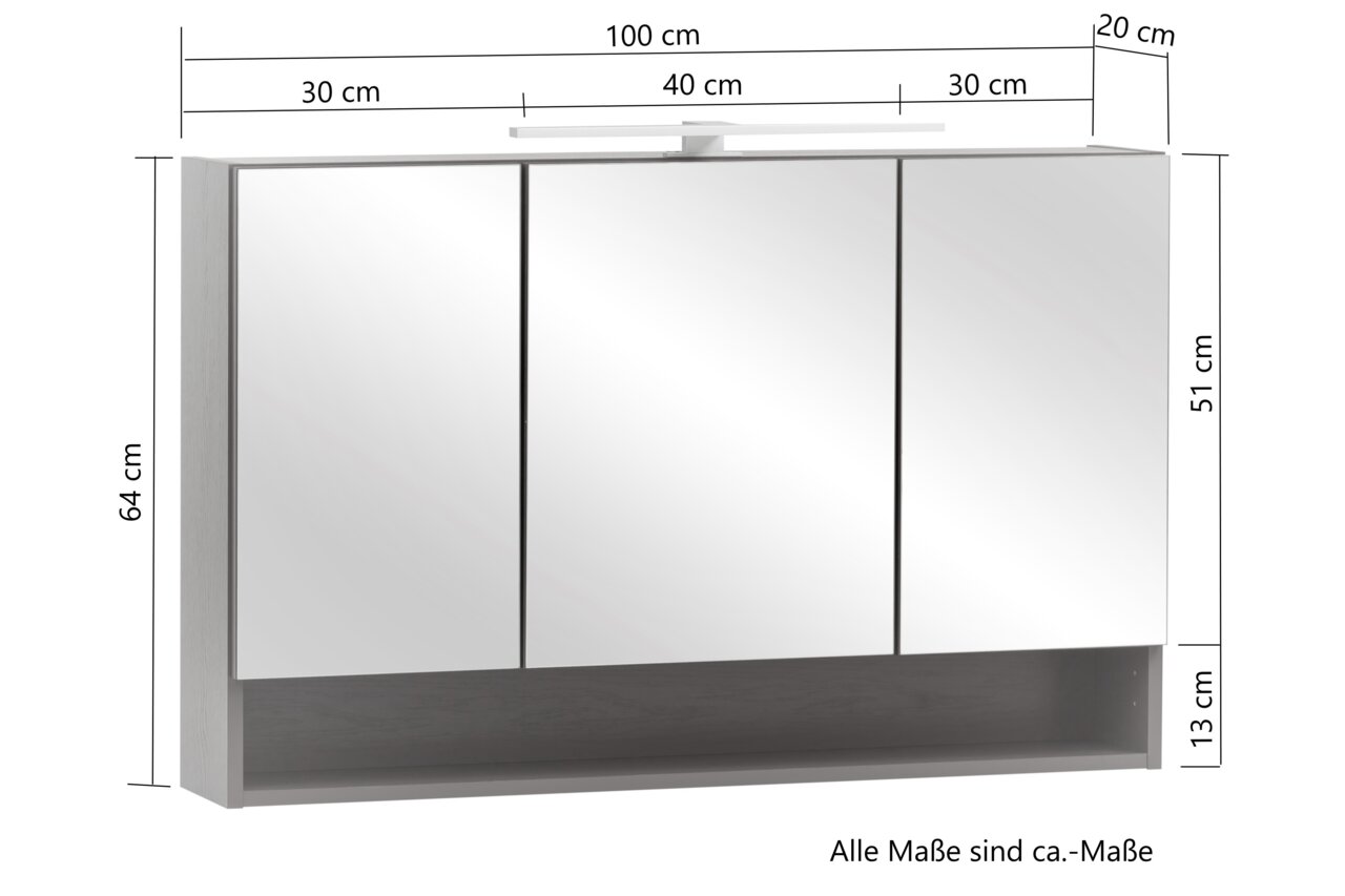 Spiegelkast met drie deuren, vooraanzicht, afmetingen: 100 cm breed, 64 cm hoog, 20 cm diep, met ingebouwde verlichting aan de bovenkant.