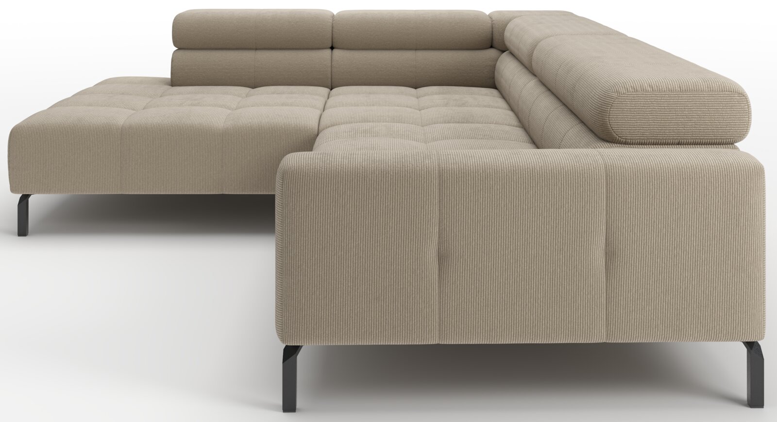 Beiges, modernes Ecksofa mit Cordbezug, tiefer Sitzfläche und schwarzen Metallfüßen, Ansicht schräg von vorn rechts