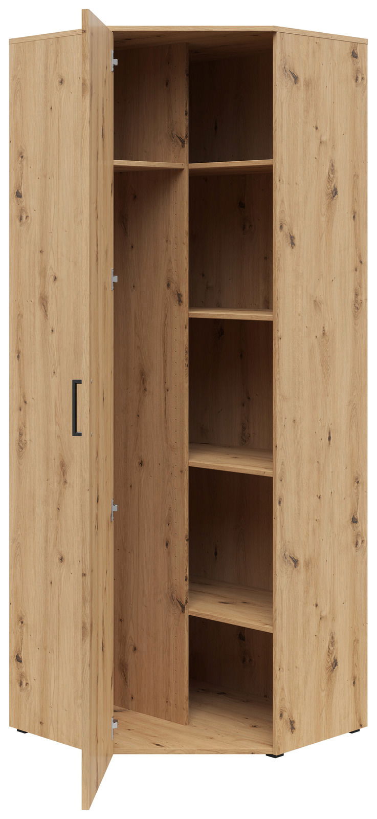 Eckschrank aus Holz mit geöffneter Tür, zeigt mehrere Regalböden, Perspektive von vorne links