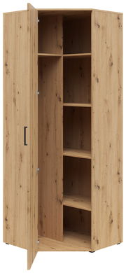 Eckschrank aus Holz mit geöffneter Tür, zeigt mehrere Regalböden, Perspektive von vorne links