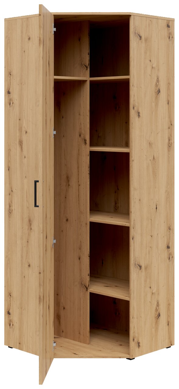 Eckschrank aus Holz mit geöffneter Tür, zeigt mehrere Regalböden, Perspektive von vorne links